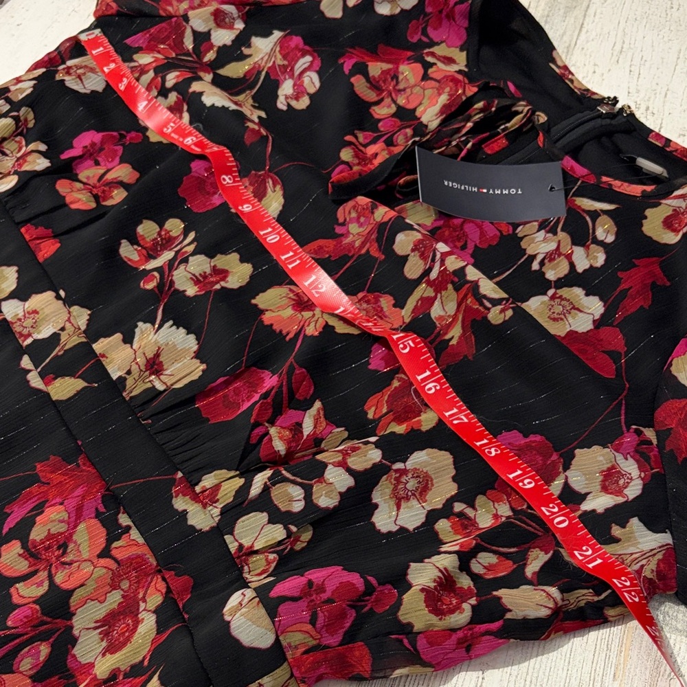 Tommy Hilfiger Black and Reddish Pink Floral Long Sleeve Dress metallic NWT - Picture 9 of 11